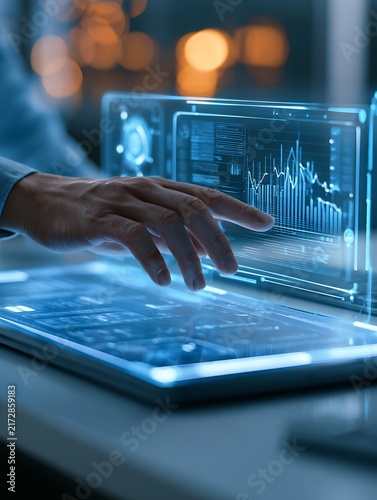 hand touching futuristic virtual screen with graphs on laptop