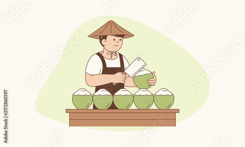 Thai Man Selling Coconuts at Stall Illustration