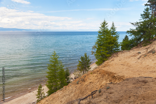 Baikal Lake in summer. Sandy shore of Olkhon Island. Scenic landscape with green larch trees on sand dunes of Small Sea shore on sunny August day. Nature park. Travel and outdoor recreation