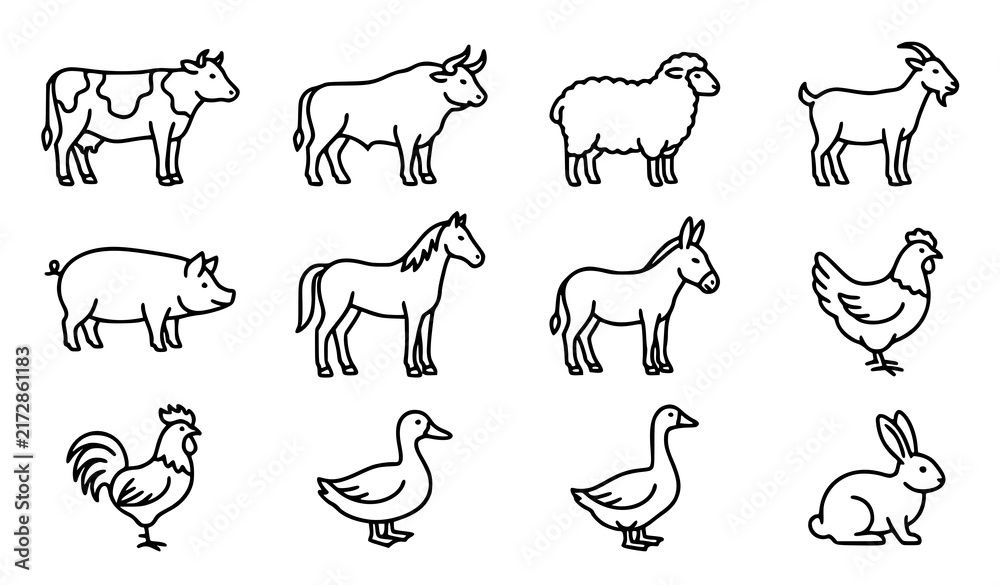 Fototapeta premium Hand Drawn Farm Animal Collection Featuring Cows Sheep Goats Horses Chickens Ducks and Rabbits