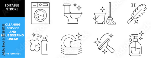 Cleaning service and housekeeping linear icons set isolated on white background