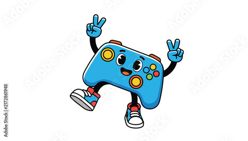 Cheerful blue game controller character waving peace signs with gloves and wearing shoes on white background.