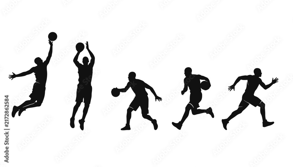 Obraz premium Silhouette collection of basketball players in various active poses including dribbling shooting running and dunking.