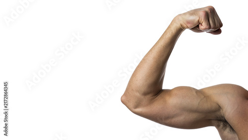 Fotografie Strong muscular male bicep arm flexing power fitness isolated on transparent bac