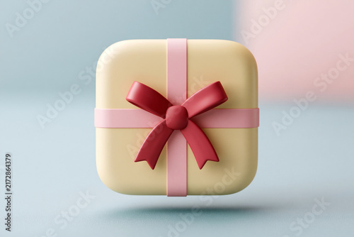Soft pastel gift box with glossy ribbon and bow. Pastel background enhances gentle, festive feel. Perfect for holiday or celebration visuals. Simple, clean design appeals to modern audiences
