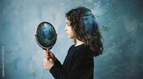Young Girl Looking into Handheld Mirror with Curly Hair.