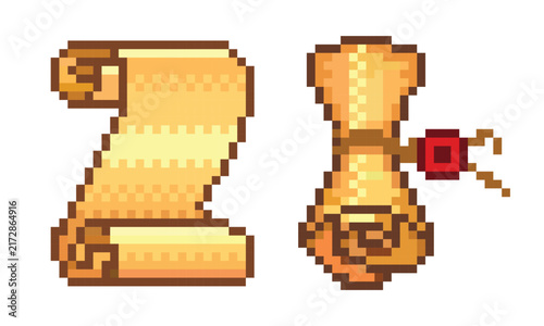 Pixel art paper scroll and parchment manuscript game asset set isolated on white background