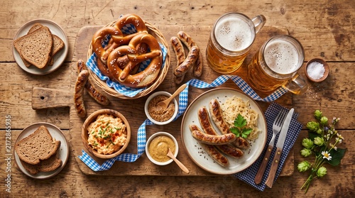 Overhead view of a festive feast featuring glass beer mugs, grilled sausages, soft pretzels, and cheese dip on a wooden table.
