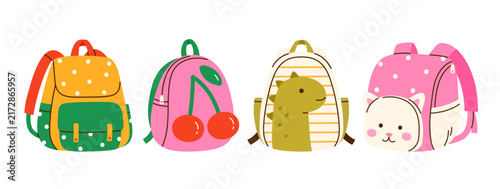 Cute school backpack set with polka dot, cherry, dinosaur, and cat backpack designs. Back to school, education, kindergarten, preschool, stickers, and children projects concept. Vector illustration