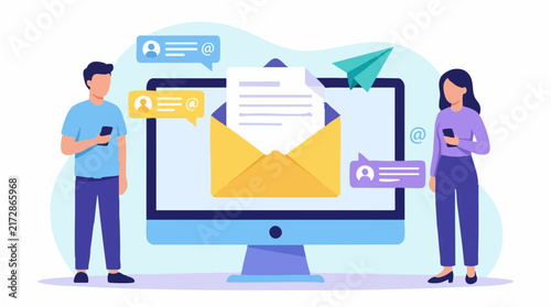 People sending and receiving digital messages and emails via computer and smartphones