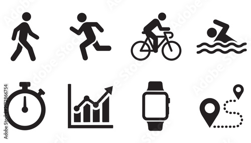 Black silhouettes of athletes and exercise equipment tools. Comprehensive collection of sport training symbols for mobile app interface design. Monitoring health and performance data.