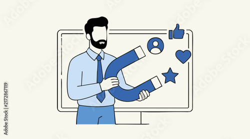 Businessman using magnet to attract social media icons on a computer monitor
