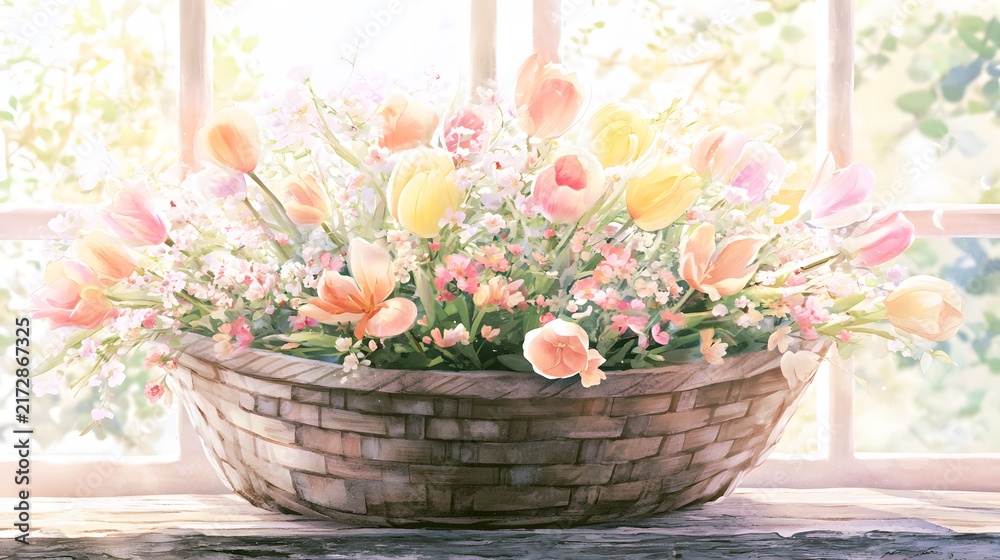 Obraz premium Watercolor illustration of a rustic basket filled with spring tulips and blossoms in soft morning light