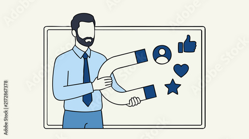 Businessman with magnet attracting social media engagement and followers