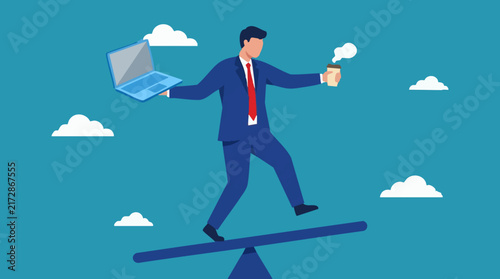 Work-life balance concept: Businessman balancing laptop and coffee on seesaw