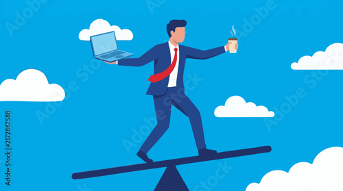 Businessman balancing work and life, holding laptop and coffee on a seesaw