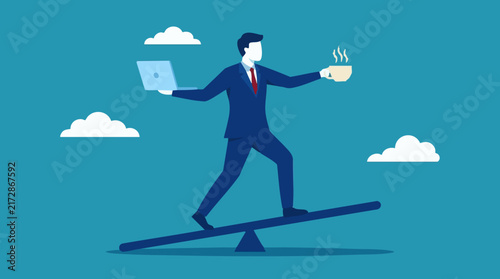 Work-life balance concept: Businessman juggling laptop and coffee on seesaw