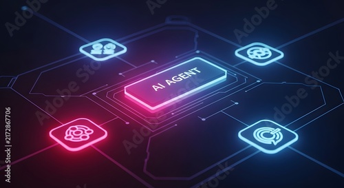 Neon glowing ai agent icon with connected digital technology interface buttons in a futuristic dark cyber space setting featuring blue and red light effects for modern tech design