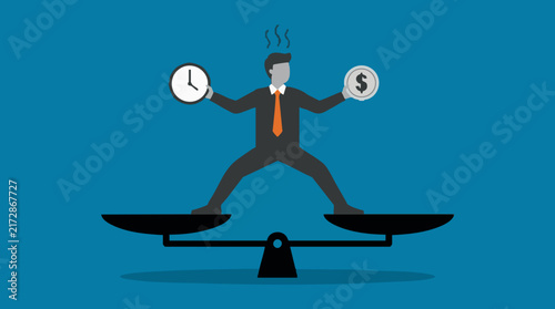 Businessman balancing time and money on a scale, concept of work-life balance