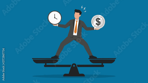 Businessman Balancing Time and Money on a Scale - Concept Illustration