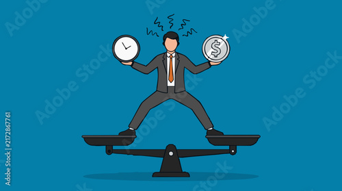 Businessman Balancing Time and Money on Scale - Work-Life Balance Concept