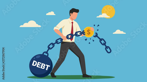 Businessman breaking debt chains with money, financial freedom concept