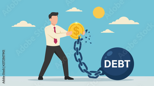 Businessman breaking debt chains with dollar coin for financial freedom