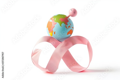 A miniature globe sits atop a pink infinity symbol, representing boundless possibilities and interconnectedness in a creative, conceptual composition.