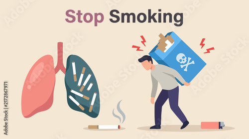 Stop Smoking concept: Man burdened by cigarette pack, damaged lungs, health risks
