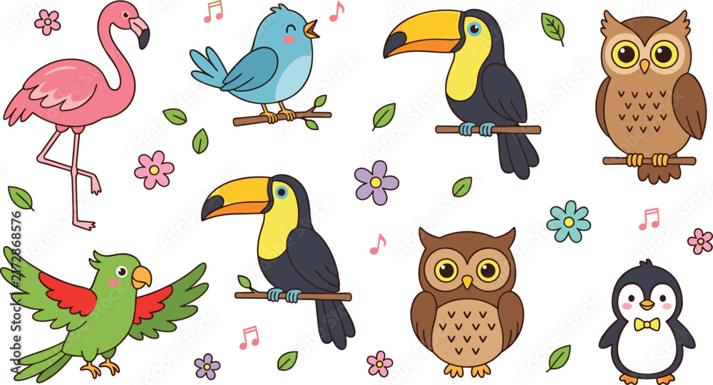 Fototapeta premium Cute cartoon birds collection with flamingo toucan owl parrot and penguin characters for kids designs