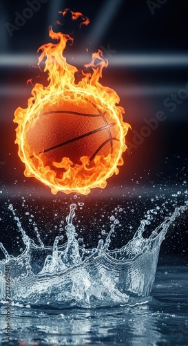 Flaming Basketball Splashing into Water with Dynamic Motion.