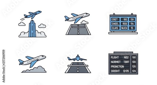 Flat Design Airplane and Airport Icons Set.