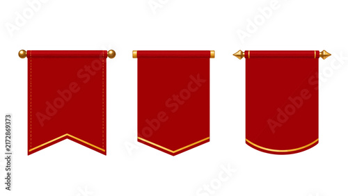 Medieval Red Pennant Banner Set, Blank Royal Hanging Wall Flag with Gold Rods Isolated on White, Vector Illustration