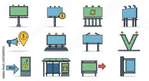 Flat Design Outdoor Advertising and Digital Marketing Icons Set.