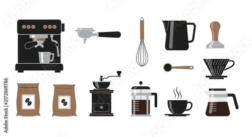 Flat lay of coffee brewing equipment and accessories.