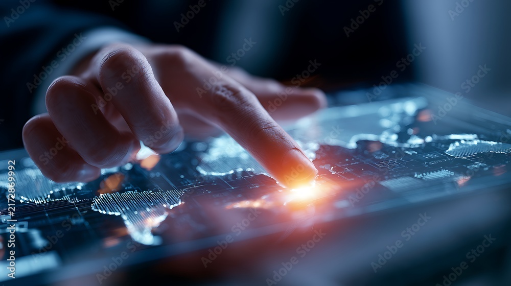 Naklejka premium Hand touching glowing digital world map on futuristic screen