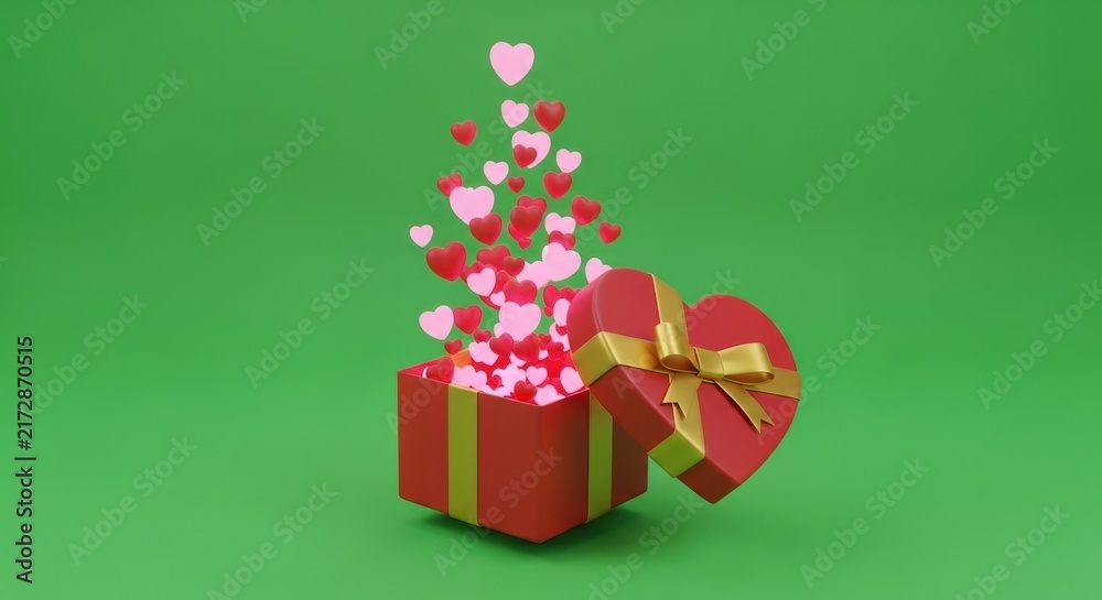 Fototapeta premium Floating Hearts Rising from Red Gift Box on Green Background.