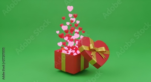 Floating Hearts Rising from Red Gift Box on Green Background.