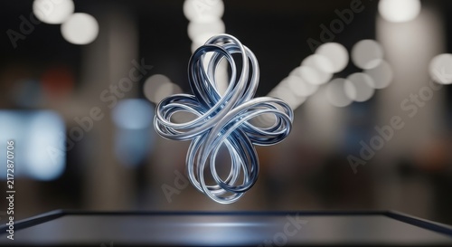 Floating Metallic Infinity Knot with Bokeh Background.