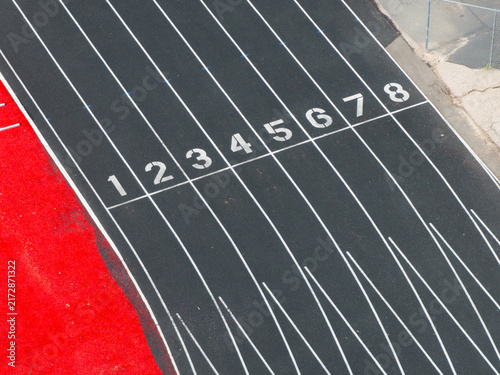 Close-up of numbered running track lanes