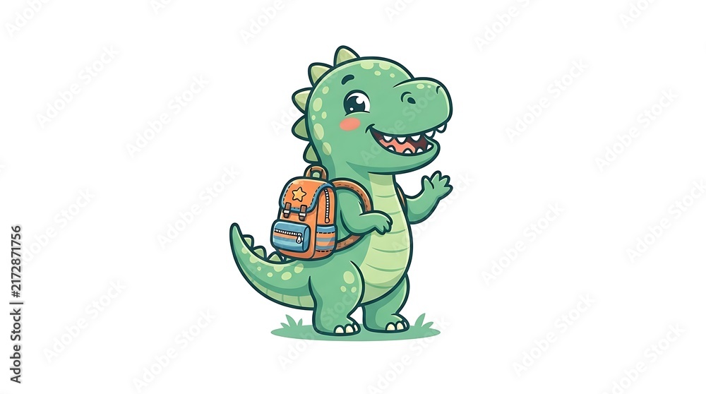 Obraz premium Cute cartoon green dinosaur with a backpack going back to school vector illustration