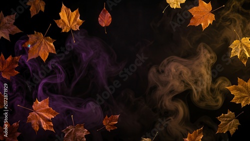 dramatic moody halloween background with swirling fog and autumn leaves perfect for seasonal promotional text overlay