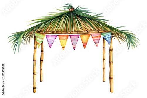 Festive Jewish Sukkot Succah Decorated with Palm Fronds, White Cloth and Celebration Banners
