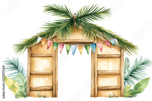 Illustrated Succah Hut for Sukkot Holiday with Palm Leaves and Vibrant Festive Flags
