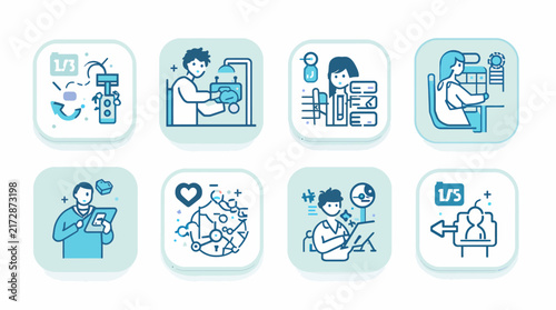 A set of four flat design medical icons depicting advanced healthcare technology and patient care, isolated on a light background for healthcare marketing.