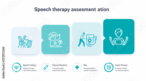 A flat design vector illustration depicting speech therapy and cognitive communication concepts, featuring a person in a chair and brain-related symbols for medical or educational marketing.