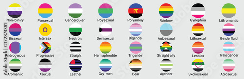 LGBT sexual identity pride flags collection. Rainbow lesbian, gay, bisexual, transgender, non-binary, pansexual, genderqueer, polysexual, polyamorous, gynephilia, lithromantic, intersex, etc.