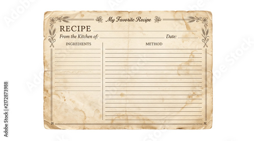 Vintage recipe card on aged paper, antique culinary template with ingredients and method sections, rustic kitchen stationery