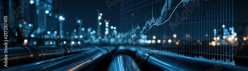 Crude oil demand pressure illustrated by converging pipelines beneath a rising market graph, dark industrial background, commercial finance concept