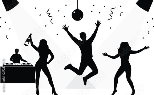 Black Silhouette DJ Booth and Three People Dancing Under Disco Ball Party Scene